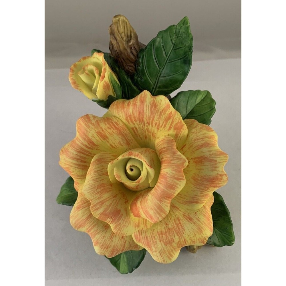 VTG Porcelain Rose and Bud Variegated Yellow Orange on Branch Log 1999 EUC